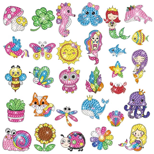 5D Diamond Painting Set für Kinder, DIY 5D DoppelseitigeSet Diamant Aufkleber, Diamond Painting Sticker, 30 Stück Meerjungfrau Tier Mit Geschenkbox für Weihnachten Kindertag Geburtstagsgeschenk