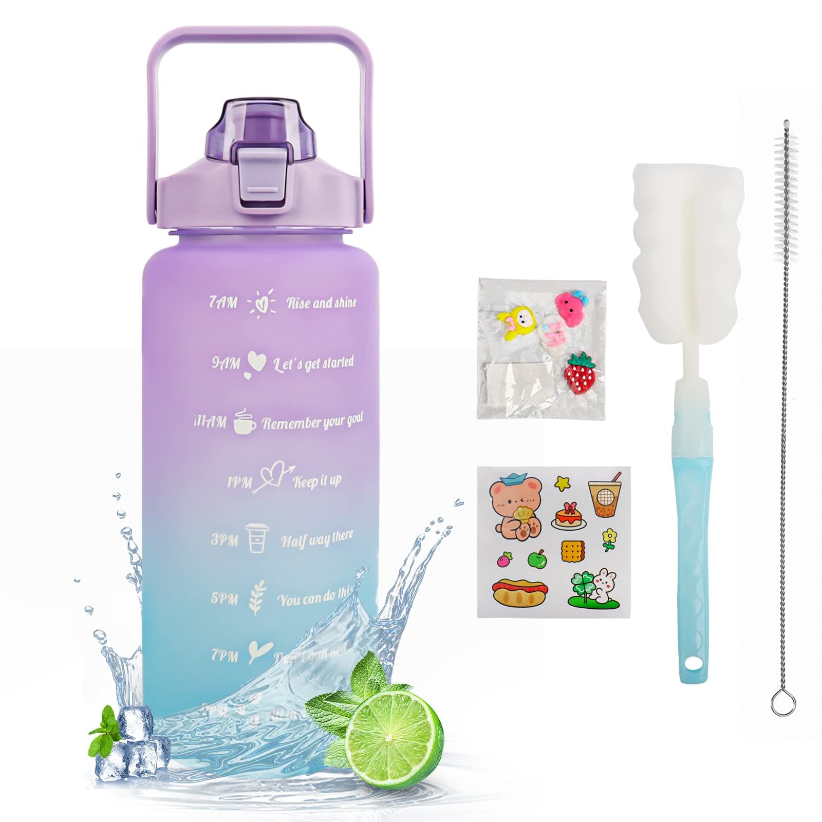 MOMSIV Trinkflasche 2L BPA-Frei, Große Kapazität Auslaufsicher Sport Wasserflasche mit Strohhalm Zeitmarkierungen to Drink & Lock Cover, Tritan-Wasserkrug Sportflasche für Die Fahrrad, Schule, Gym Violett Grün