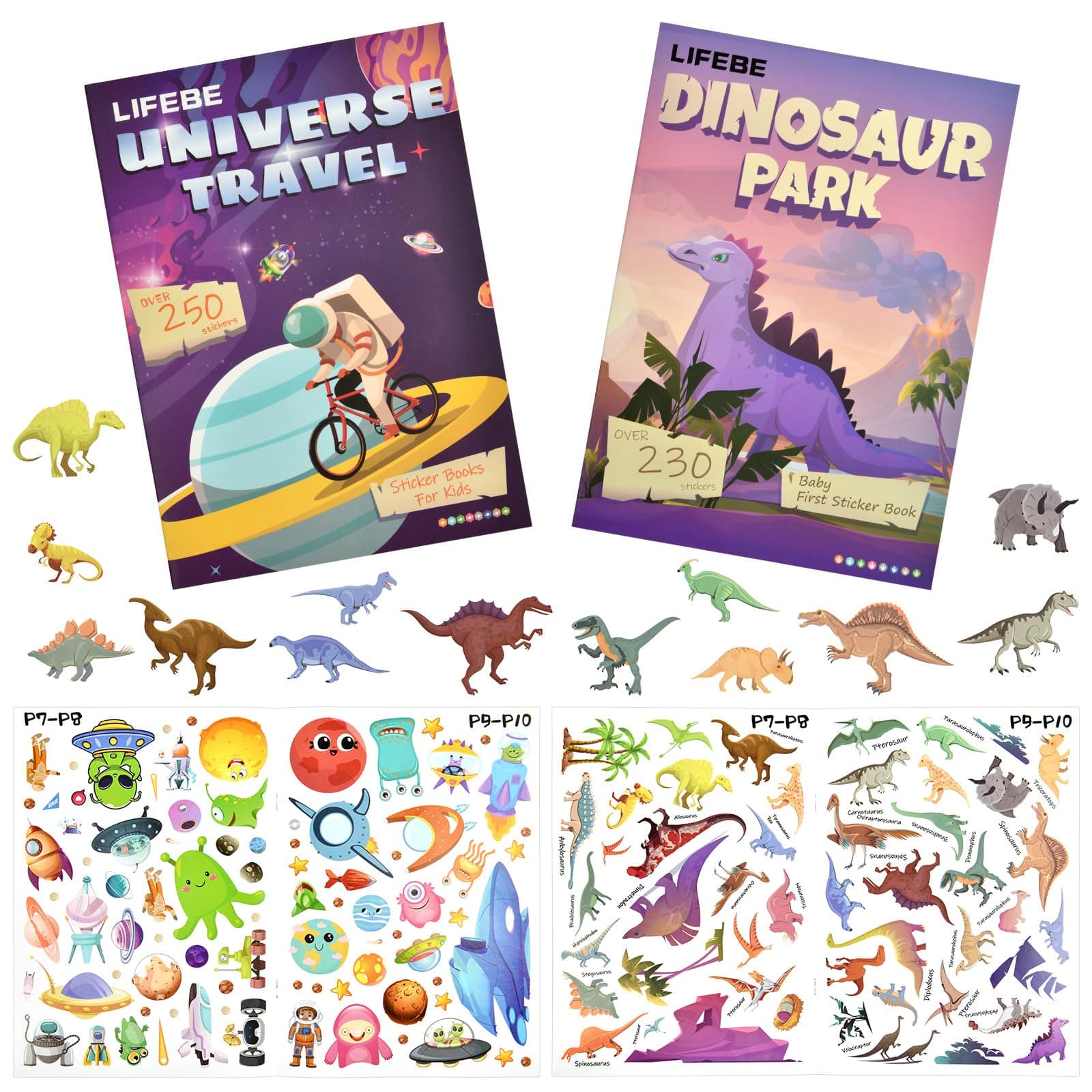 Vicloon 2pcs Wiederverwendbare Stickerbuch, Reusable Sticker Dinosaurierpark/Raumfahrt Farbig Aufkleber, Kleinkinder Sticker für Geburtstag Weihnachten Geschenk für Kinder 2-6 Jahren Dinosaurierpark / Raumfahrt