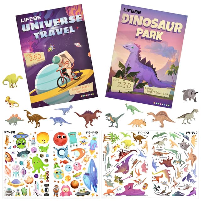 Vicloon 2pcs Wiederverwendbare Stickerbuch, Reusable Sticker Dinosaurierpark/Raumfahrt Farbig Aufkleber, Kleinkinder Sticker für Geburtstag Weihnachten Geschenk für Kinder 2-6 Jahren Dinosaurierpark / Raumfahrt