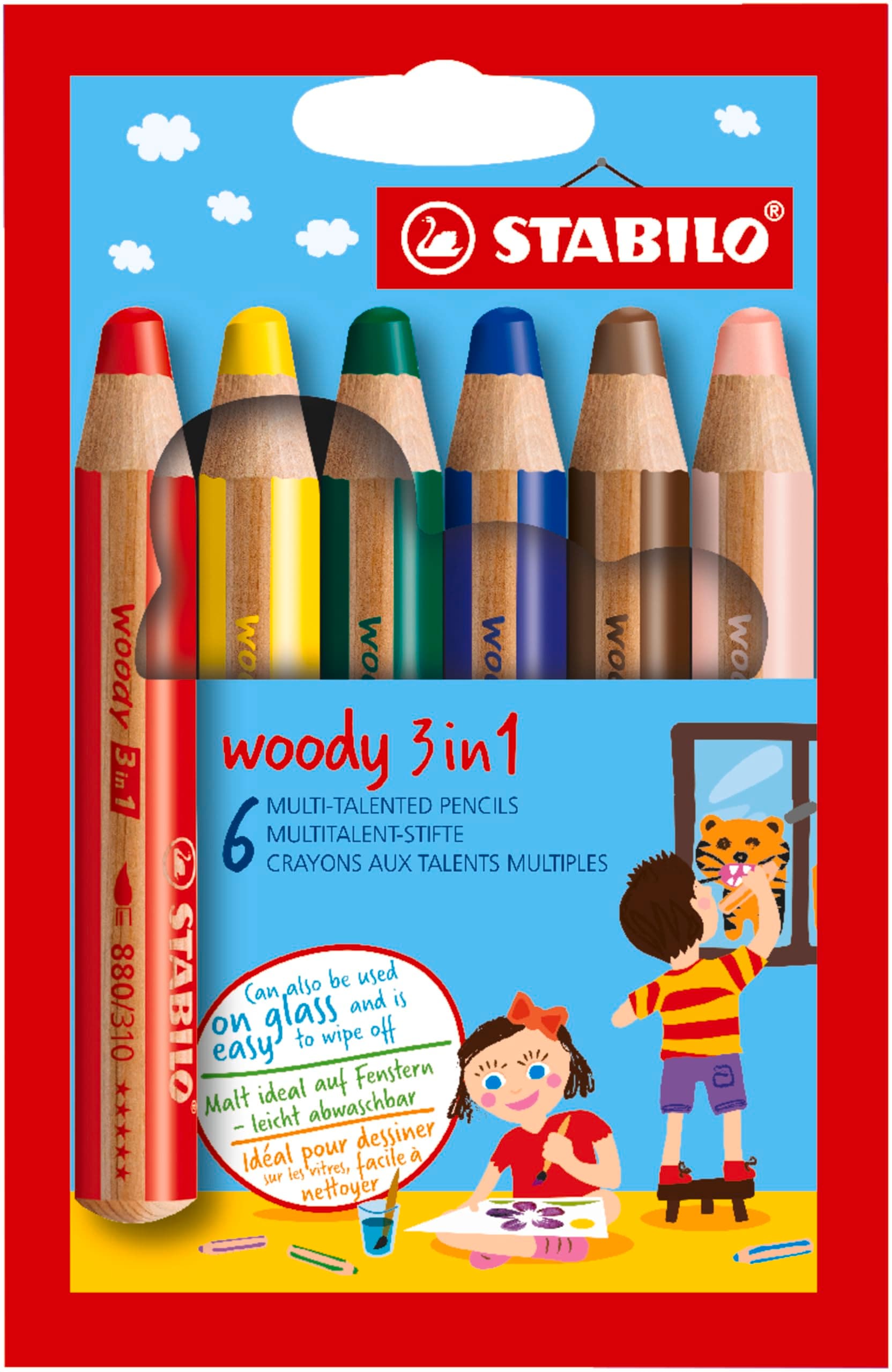 STABILO - Buntstift, Wasserfarbe & Wachsmalkreide - woody 3 in 1-6er Pack - mit 6 verschiedenen Farben