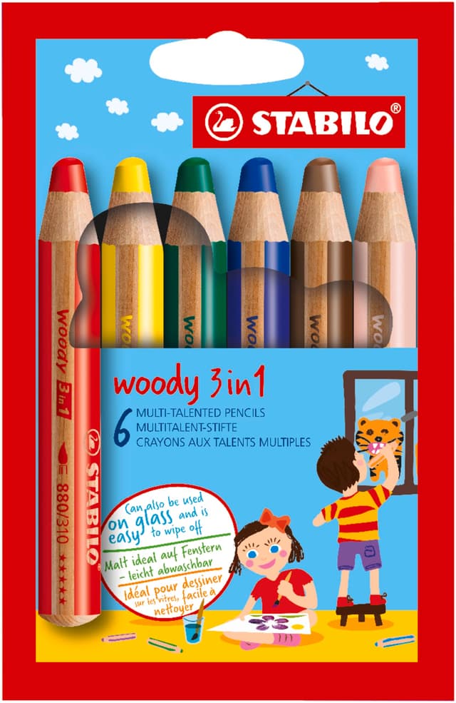 STABILO - Buntstift, Wasserfarbe & Wachsmalkreide - woody 3 in 1-6er Pack - mit 6 verschiedenen Farben