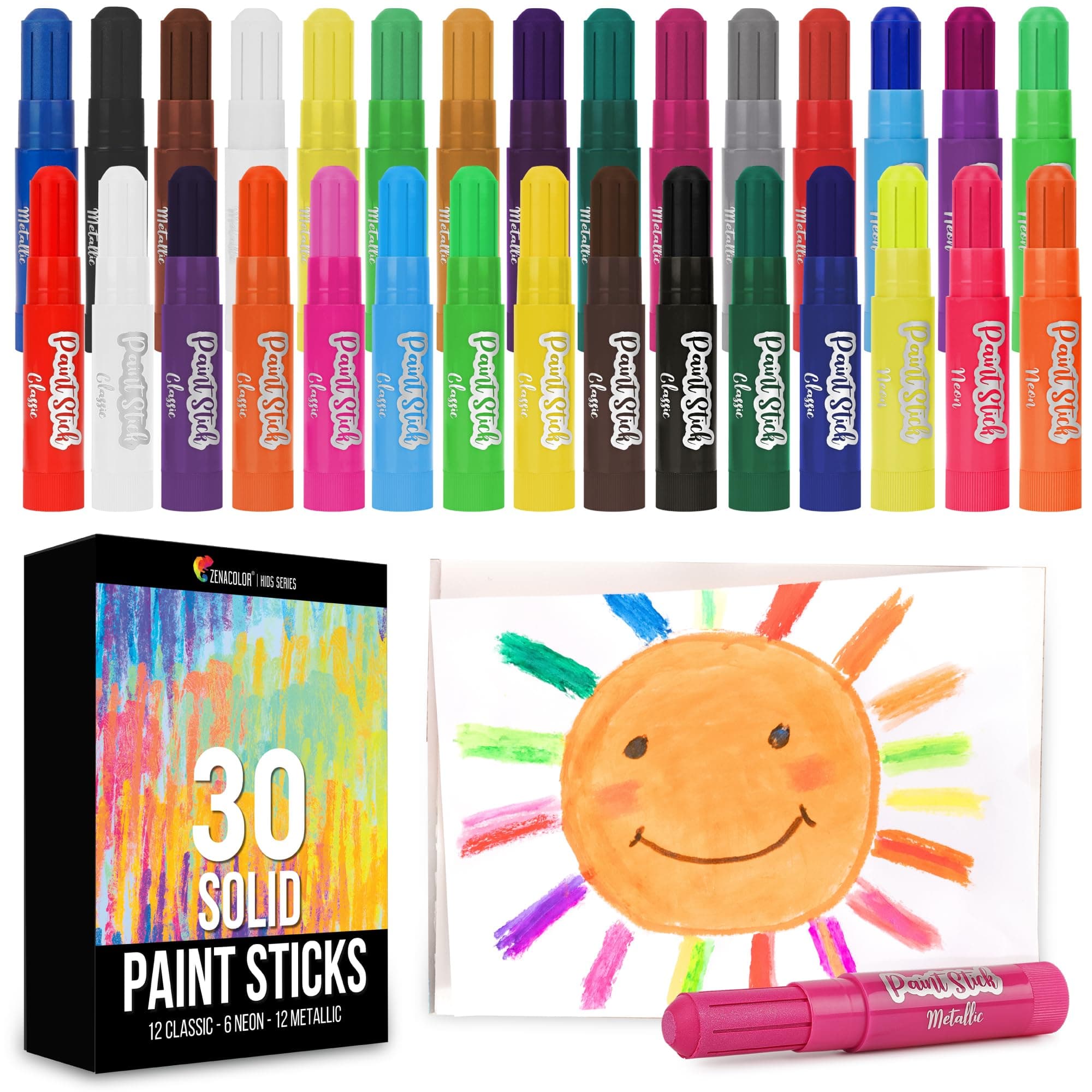 Zenacolor 30 Malfarben Set in Gouache Farben in Stiftform Gouache Sticks - Bastelfarben für Kinder Mal & Farbset ungiftig - Paint Schulmalfarben Deckfarben Kinder