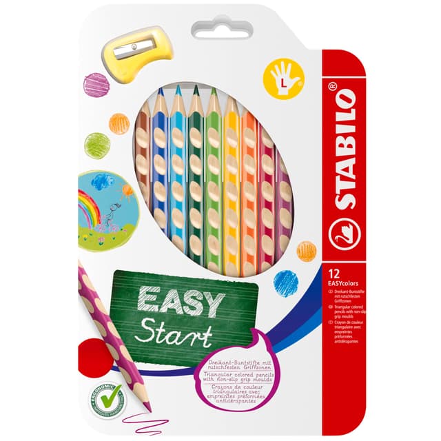 STABILO - Ergonomischer Buntstift für Linkshänder - EASYcolors - 12er Pack mit Spitzer - mit 12 verschiedenen Farben