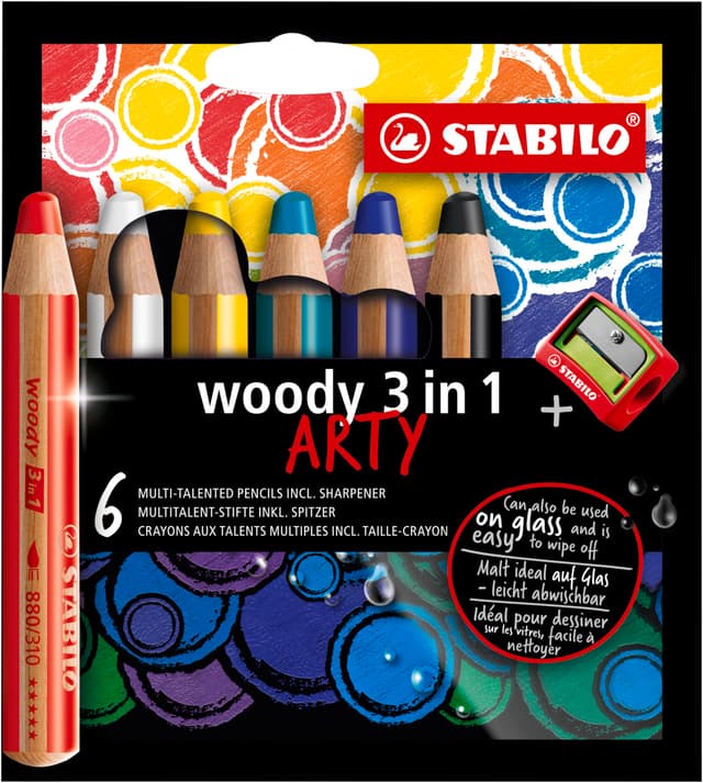 STABILO - Buntstift, Wasserfarbe & Wachsmalkreide - woody 3 in 1 - ARTY - 6er Pack - mit 6 verschiedenen Farben und Spitzer