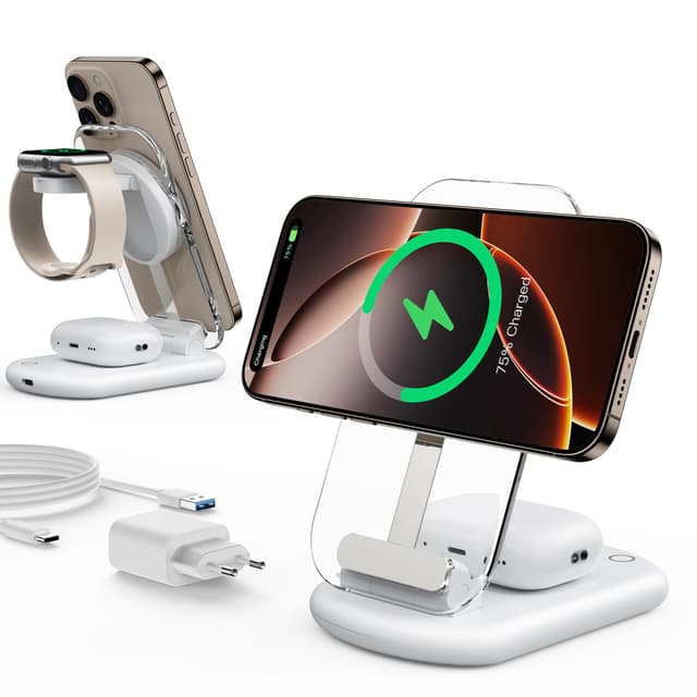 Mag Safe Ladegerät, Ladestation Apple Watch und iPhone,3 in 1 Mag Safe Ladestation Kompatibel mit iPhone 16/15/14, für Apple Watch10/9,Airpods 3/2/Pro,faltbar einstellbar,Elfenbeinweiß