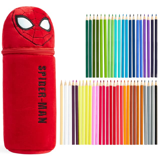 Marvel Spiderman Buntstifte Kinder mit Federmäppchen Jungen Malset 48 Stück Superhelden Iron Man Schule Zubehör Einschulung Geschenk Idee (Rot Spiderman)