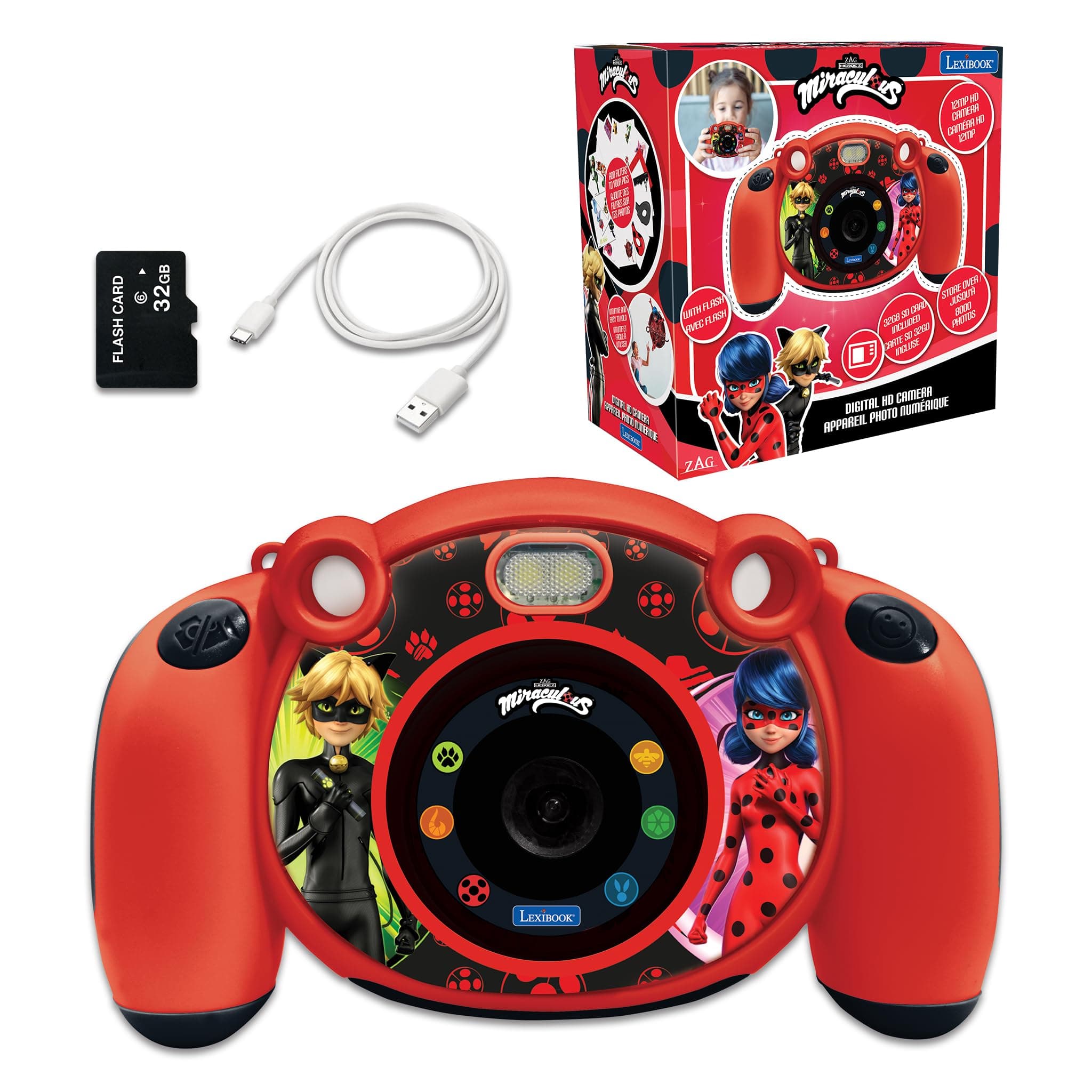 Lexibook - Miraculous Ladybug Cat Noir - 4-in-1-Kinderkamera mit Foto-, Video-, Audio- und Spielfunktionen, 32GB SD-Karte enthalten - DJ080MI