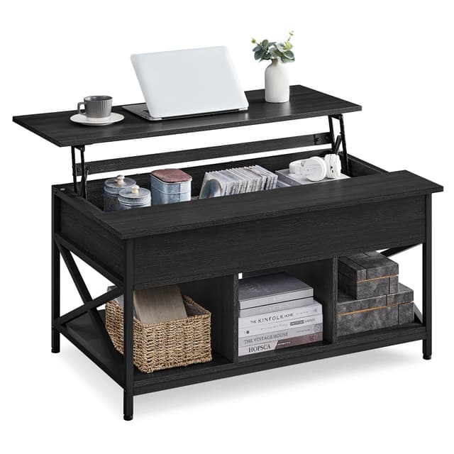 VASAGLE Couchtisch, höhenverstellbarer Wohnzimmertisch, Kaffeetisch, offener und versteckter Stauraum, X-Streben, 60 x 100 x (48-62) cm, anthrazitgrau-schwarz LCT205B22 100B cm Anthrazitgrau + Schwarz