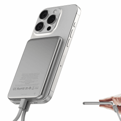 Ultra Slim Power Bank für Magsafe, Magnetische Power Bank, 5000mAh Powerbank 20W PD Wireless Schnellladung, Tragbares Ladegerät Ladekabel USB C, Externe Handyakku für iPhone 16/15/14/13/12 Series Helles Silber