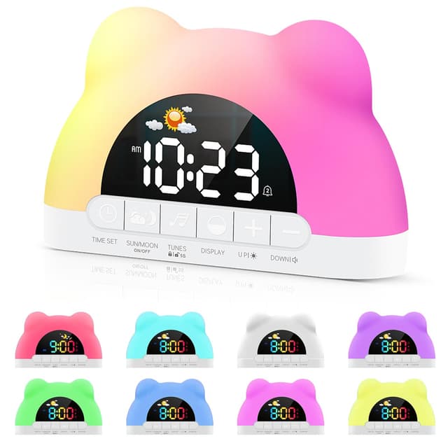 RANJIMA Kinderwecker, LED Wecker Digital, Schlaftrainer Kinder mit 11 Nachtlicht, Dual Alarm Snooze Soundmaschine Schlaftraining, Wiederaufladbar Wecker Digital Kinder für Mädchen Jungen, Schlafzimmer Weiß