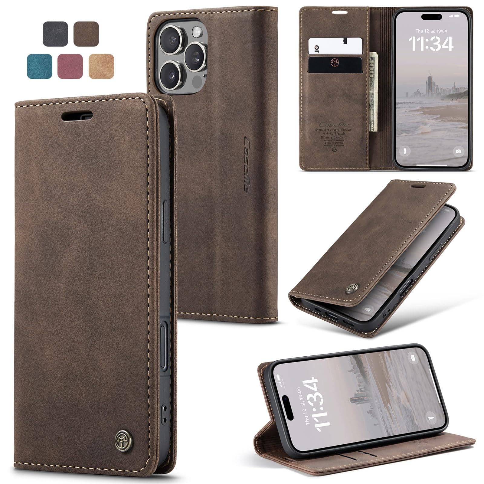 owlhold Handyhülle für iPhone 16 Pro Hülle Premium Lederhülle Weiches Vintage-Nubukleder Faltbare Ständer Schutzhülle Kartenfach Standfunktion stoßfest klapphülle iPhone 16 Pro -Kaffee iPhone 16 Pro Kaffee