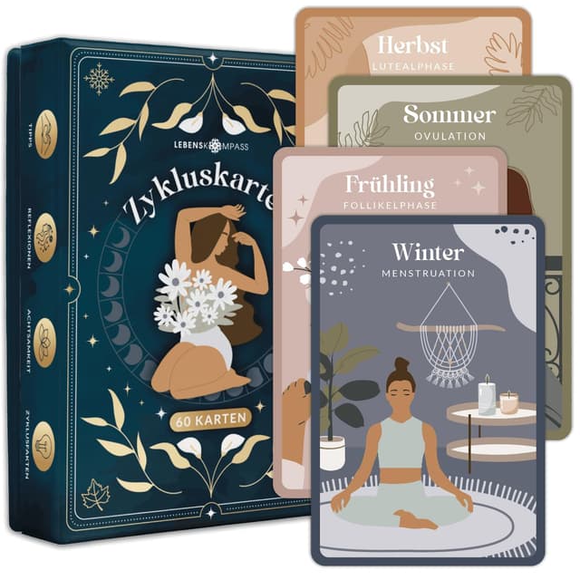 LEBENSKOMPASS 60 Zykluskarten - Achtsamkeit & Selbstliebe: Übungen und Affirmationen für den weiblichen Zyklus, inklusive Wissens-Booklet