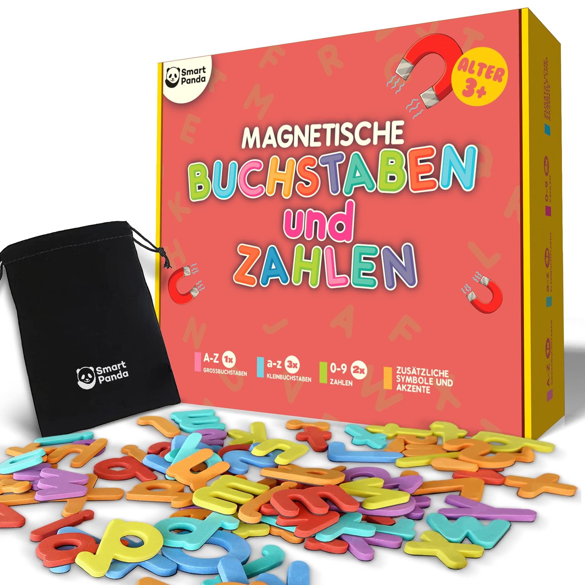 Smart Panda Magnetische Buchstaben und Zahlen für Kinder - [1x A-Z, 3X a-z, 2X 0-9 und Deutschen Symbolen] Alphabet-Set Kühlschrankmagneten für Kinder - ABC-Spiele zum Buchstabieren und Lesen Lernen