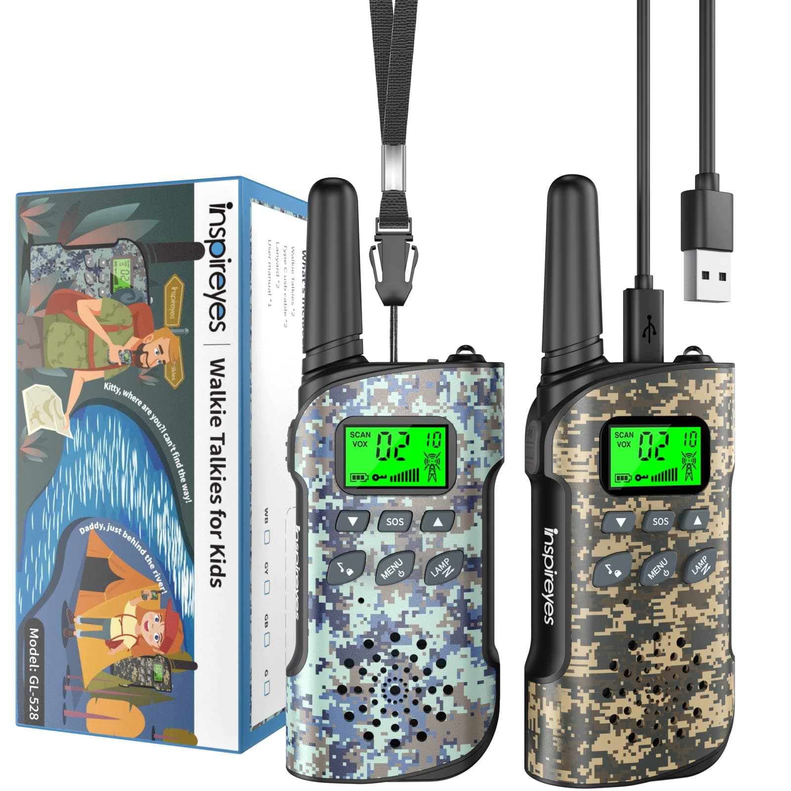 Inspireyes Walkie Talkie Kinder Aufladbar, 48 Stunden Arbeitszeit, 8 Kanäle 2-Wege-Radio, Geschenke für Jungen Mädchen, Outdoor Wandern Camping, 3-12 Jahre altes Spielzeug 2er Set Tarnung