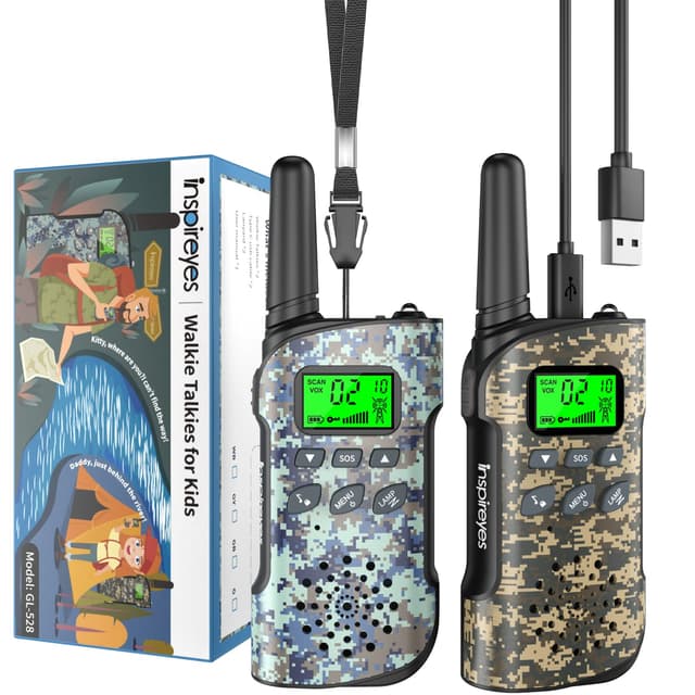 Inspireyes Walkie Talkie Kinder Aufladbar, 48 Stunden Arbeitszeit, 8 Kanäle 2-Wege-Radio, Geschenke für Jungen Mädchen, Outdoor Wandern Camping, 3-12 Jahre altes Spielzeug 2er Set Tarnung
