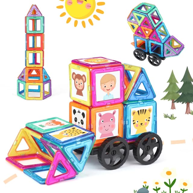 mysoler Magnetische Bausteine 63 Teile mini Magnetbausteine Magnete Kinder Magnetspielzeug Set für Kinder ab 3-8 Jahren, Bauklötze für Jungen & Mädchen, Mit Auto-Rädern für mehr Modellmöglichkeiten