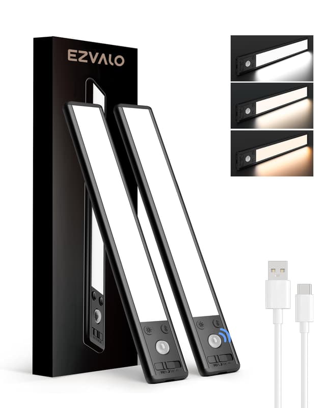EZVALO Schrankbeleuchtung LED 20CM, 62 LED Schrankleuchte Kabellos mit Bewegungsmelder, 1600mAh Aufladbar 3 Farbmodi Dimmbar Schranklicht, Unterbauleuchte Küche für Schrank, Küche, Schwarz (2 Stück) Schwarz 20cm*2 Stück