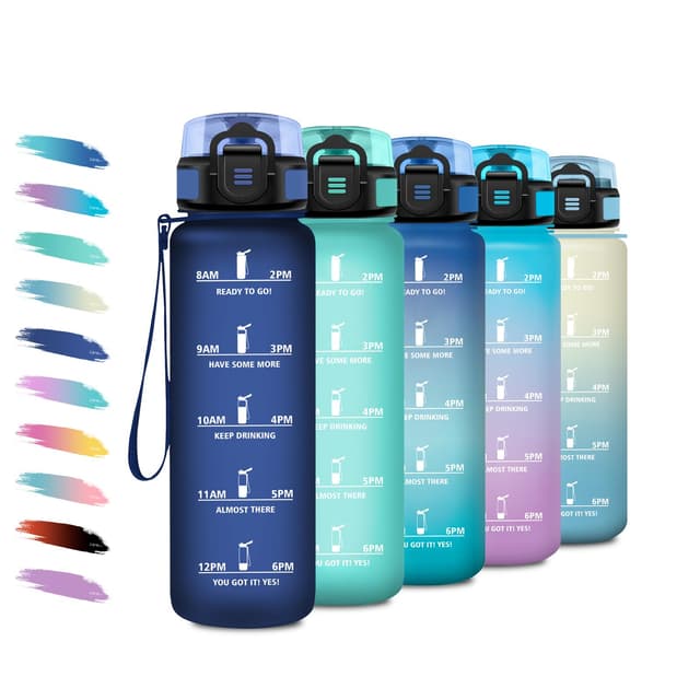 Sportflasche 1L, Auslaufsicher Wasserflasche Kohlensäure Geeignet, Trinkflasche mit Zeitmarkierung, Wasserflasche mit filter, Sport Trinkflasche für Klettern, Büro, Picknick, Sprudel, Wandern 1000 ml 32oz-1000ml | Matt Navy Blau