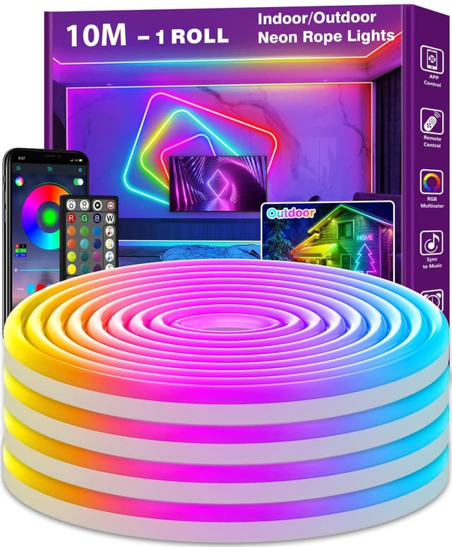 15m LED Neon Seillichter, Steuerung mit App/Fernbedienung, Flexibles LED Seillicht, Mehrere Modi, IP65 Outdoor RGB Neonlichter Wasserdicht