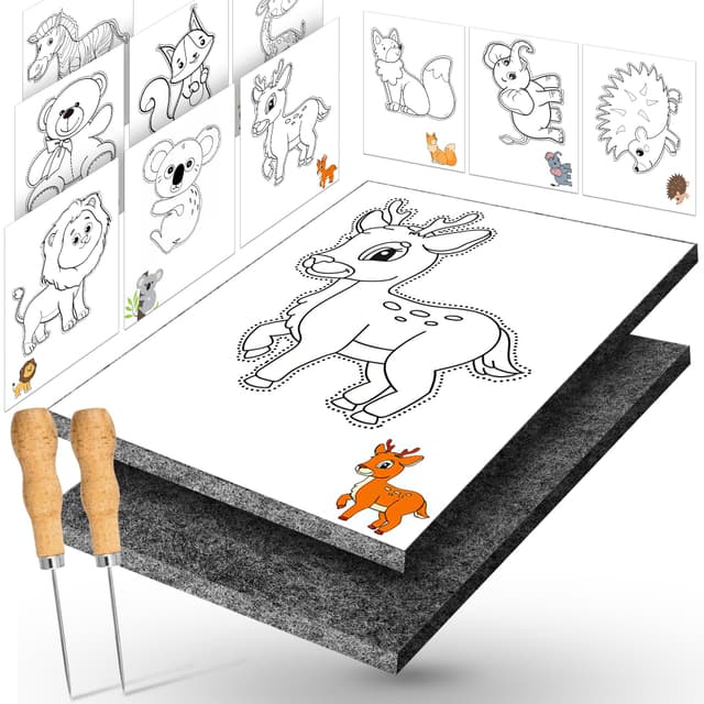 Prickelnadel Set für Kinder ab 4, Komplettes Prickelset mit 2 Prickelfilz, 2 Prickelnadel & 10 Stickbilder - Sicher & Entwickelt für Kleine Hände - Prickeln Kunst Kit für Kreative Bastelprojekte Tierthema