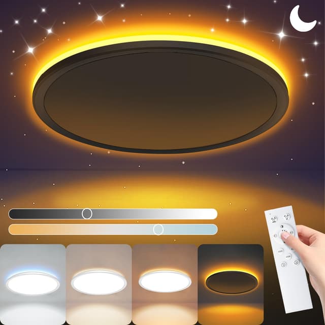 NEEMOSI LED Deckenleuchte mit Nachtlicht - 24W Deckenlampe Dimmbar mit Fernbedienung&Timer, Rund Flach Lampe für Schlafzimme Wohnzimmer Küche Badezimmer Kinderzimmer Ø29.5cm Weiß Ø29.5cm