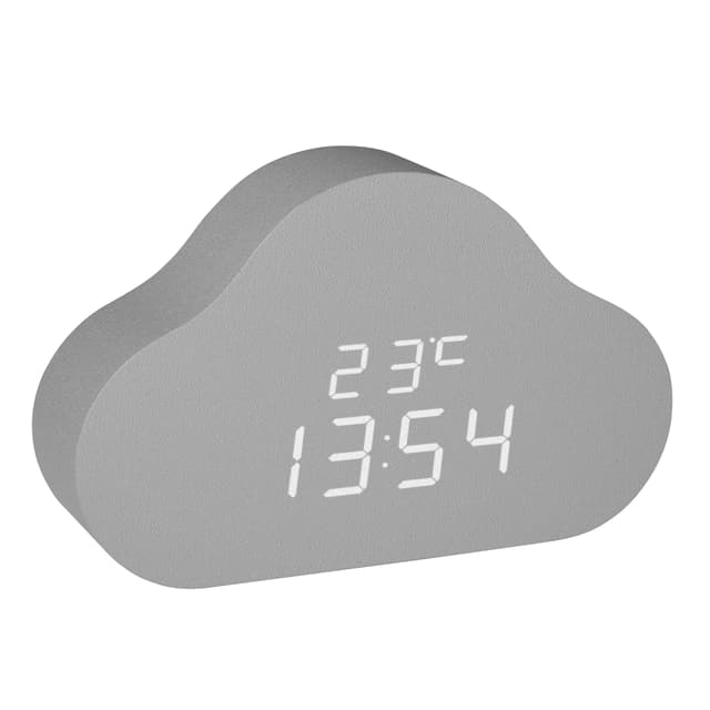 TFA Dostmann Digitaler Wolken Wecker Clocco Cloud, 60.2040., Kinderwecker, unsichtbares Display, mit Anzeige von Uhrzeit oder Datum, inkl Innentemperatur, 3 Helligkeitsstufen, grau