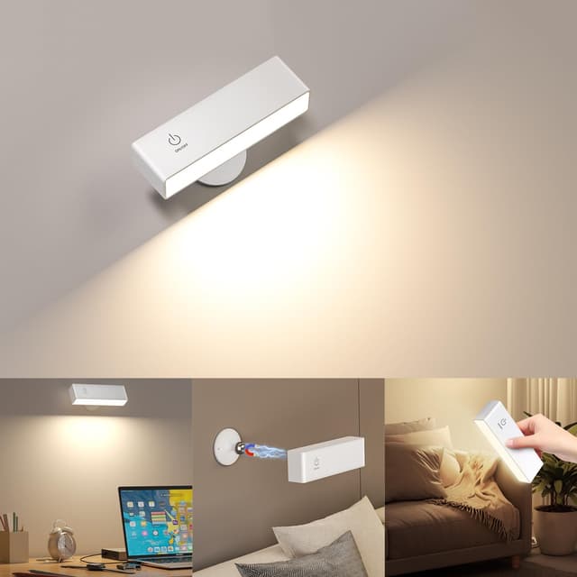 YiLaie LED Wandleuchte Innen, 4000-mAh-Akku Wandlampe Mit Touch Control, Dimmbar, 360° Drehbare Magnetische Leselampe für Schlafzimmer, Wohnzimmer, Nachttischlampe Kabellose Wandleuchten, Weiß Weiß 1 Stück – Touch-Steuerung – 4000 K