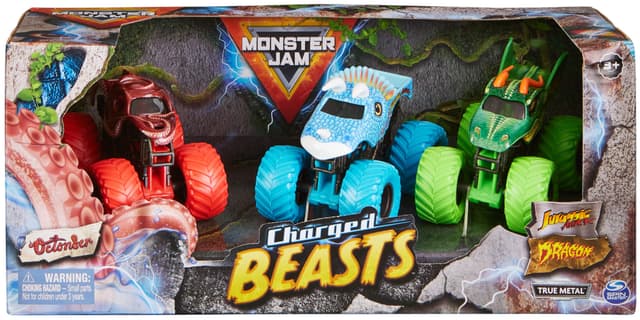 Monster Jam, 3er-Pack „Charged Beasts“ (mit den Trucks Dragon, Octon8er und Ice Dragon), Coole Trucks im Maßstab 1:64 (Spritzguss)