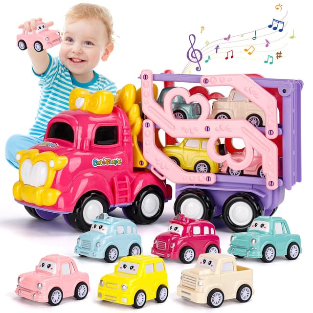 YGNNXRN Spielzeugauto ab 1 2 3 Jahren Mädchen, 7-in-1 Autotransporter LKW mit Licht & Musik, Pinkes Fahrzeugset für Kleinkinder