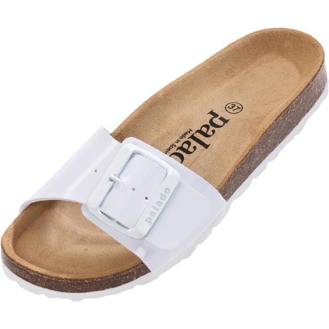 Palado Pantoletten Damen Malta EGS Matt – bequeme Sandalen Made in Spain - Hausschuhe mit dämpfendem Kork-Fußbett - modische Sommerschuhe 39 EU Weiß Lack Weiß