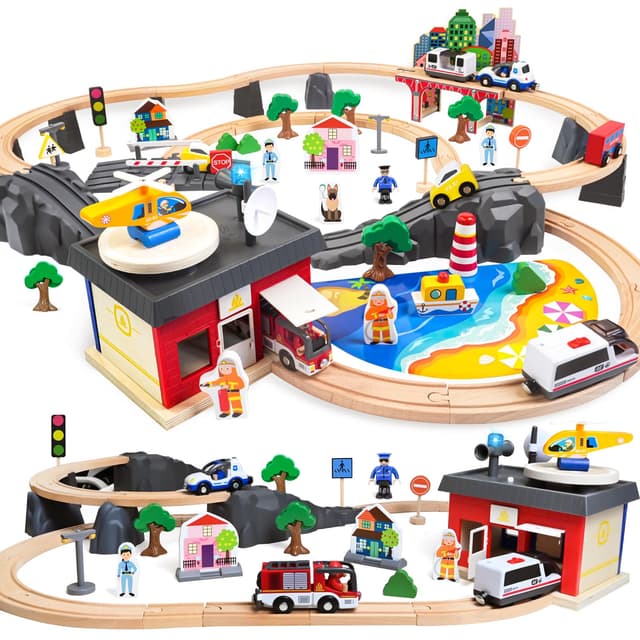 Joellfuner Holzeisenbahn Set, 92 Pcs Spielzeugeisenbahn mit Schienen, Modelleisenbahn-Set mit Elektrische Lok und Feuerwehr, Polizeiauto, Städtebau, Spielzeugeisenbahn Geschenk für Jungen und Mädchen