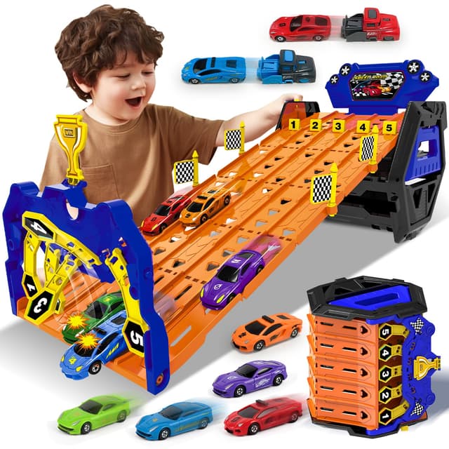 BuzzoXerex Auto Rennbahn für Kinder, Transport LKW mit 5 Autos, Portable Spielzeug Autorennbahn Auto Raceway, Spielzeug Race Truck Geschenk für Jungen 3 4 5 6 7 8 Jahren
