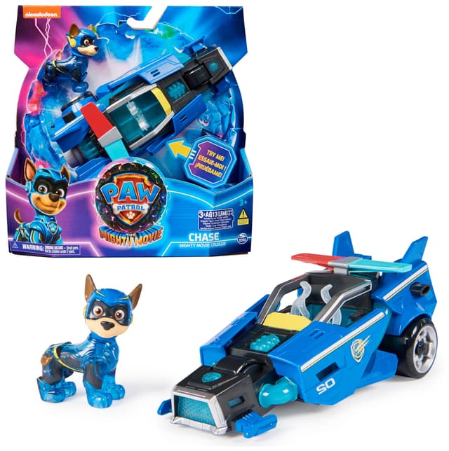 PAW PATROL: Der Mighty Kinofilm, Superhelden-Fahrzeug Spielzeugauto von Chase mit Welpenfigur, Polizeiauto mit Licht- und Geräuscheffekten, Spielzeug für Kinder ab 3 Jahren