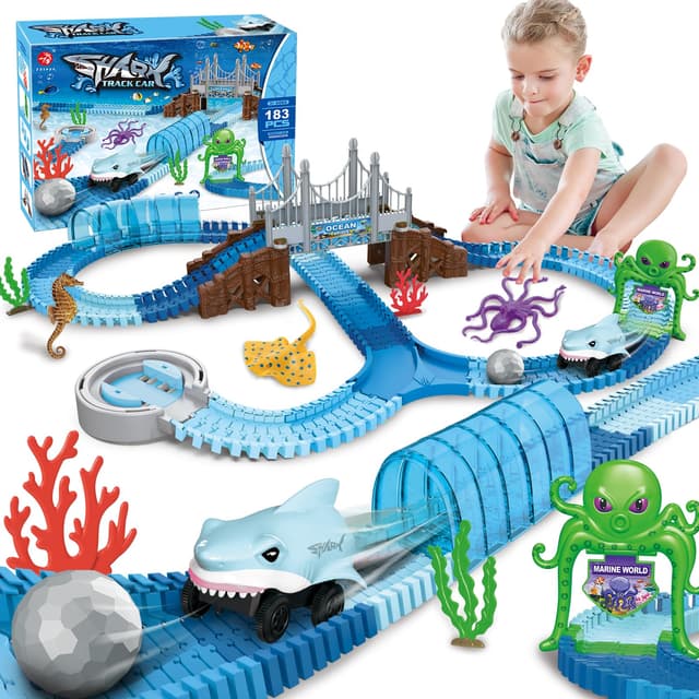 VATOS Rennstrecke Spielzeug ab 3 4 5 6 7 8 Jahre Kinder, 183 Stück Flexible Hai Autorennbahn mit Ball, Zugspielzeug im Meeresthema STEM-Lernspielset, Weihnachten Geburtstag Geschenk für Junge Mädchen