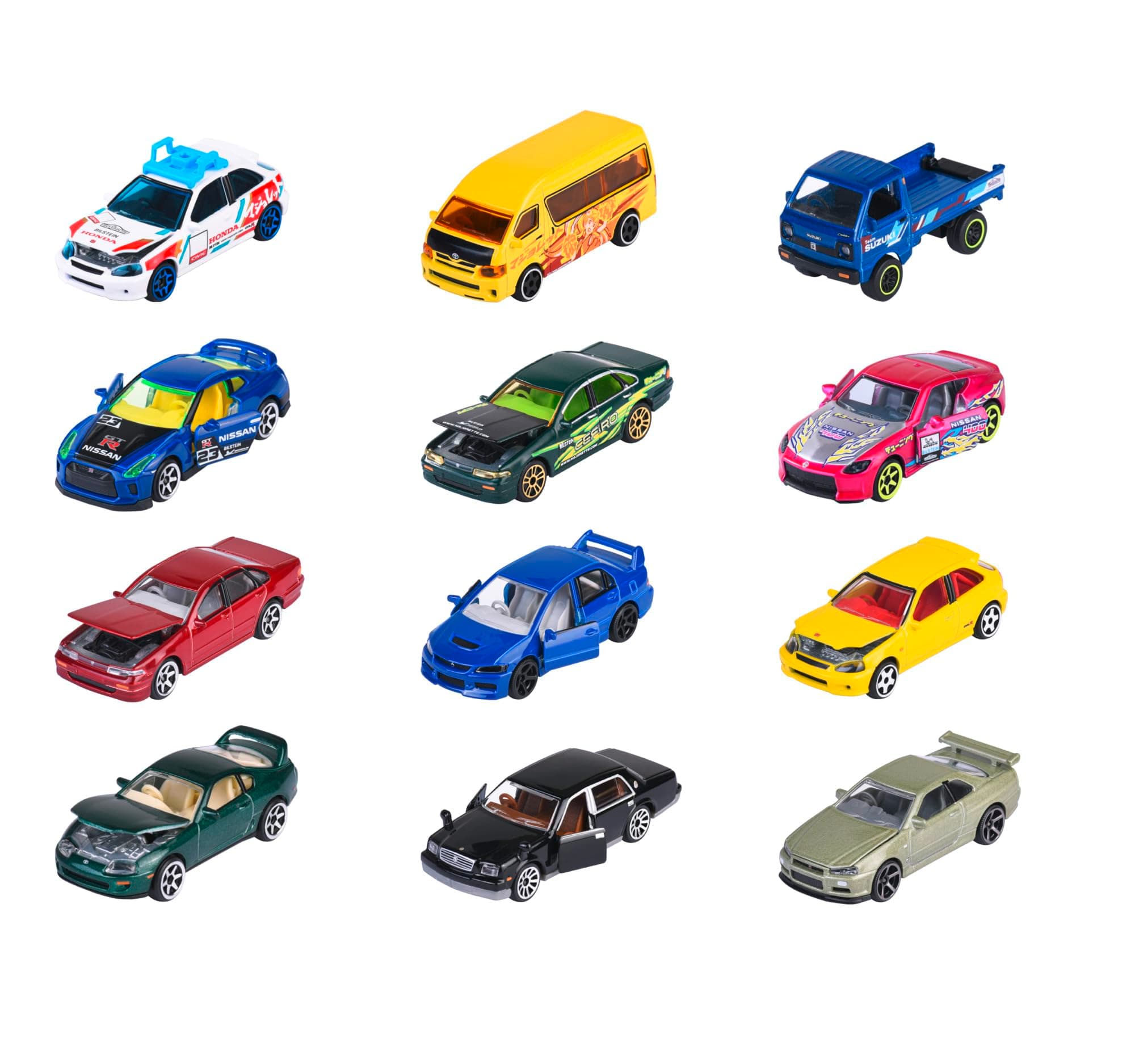 Majorette - Bonus-Auto-Set Japan Series(5 Autos, 3-fach sortiert) - 5 Spielzeug-Autos aus Metall, je 7.5 cm,Freilauf,für Sammler und Kinder ab 5 Jahre,inklusive Nissan Skyline GT-R (R34) und Sammelbox