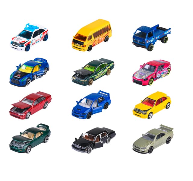 Majorette - Bonus-Auto-Set Japan Series(5 Autos, 3-fach sortiert) - 5 Spielzeug-Autos aus Metall, je 7.5 cm,Freilauf,für Sammler und Kinder ab 5 Jahre,inklusive Nissan Skyline GT-R (R34) und Sammelbox
