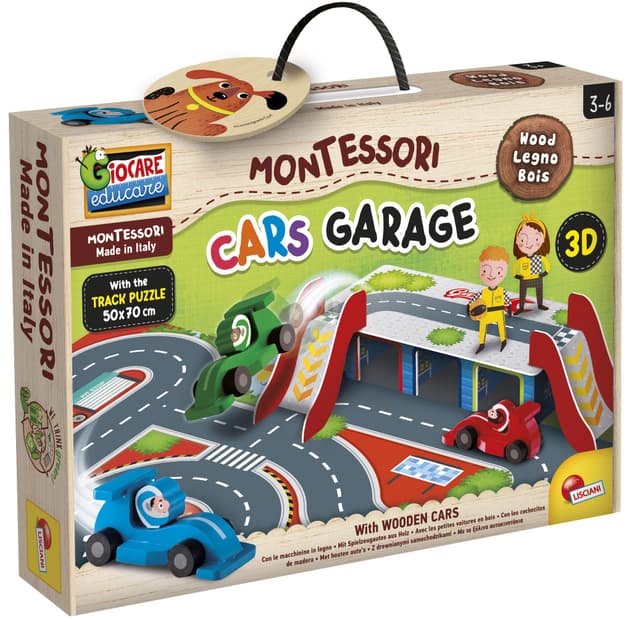Lisciani - MONTESSORI - Garage für Autos - Fantasie- und Actionspiel - Holzautos - Garage und Rutsche 3D - Rennstrecke - Für Kinder von 3 bis 6 Jahren Montessori Garage und Rutsche