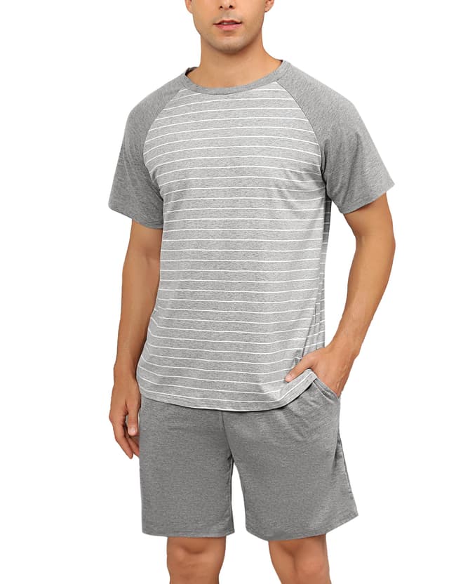 Bresdk Schlafanzug Herren Kurz Pyjama Set Baumwolle für Männer Sommer Nachtwäsche Gestreift XXL Grau M1443