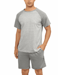 Bresdk Schlafanzug Herren Kurz Pyjama Set Baumwolle für Männer Sommer Nachtwäsche Gestreift XXL Grau M1443