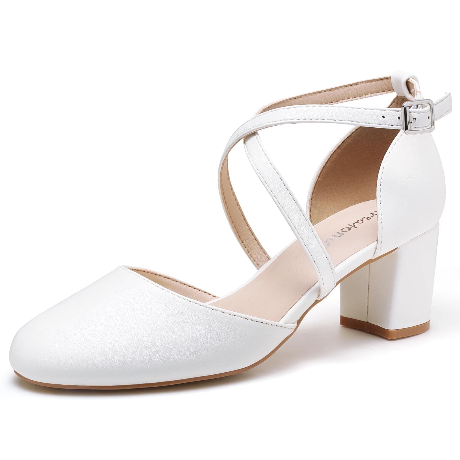 Greatonu Damen Pumps Riemchenpumps Spangenpumps Sandale mit Kreuz Knöchelriemen Blockabsatz Geschlossener Spitze Glitzer Pumps - Perfekt für Hochzeiten und Partys 41 EU Weiß