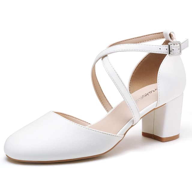 Greatonu Damen Pumps Riemchenpumps Spangenpumps Sandale mit Kreuz Knöchelriemen Blockabsatz Geschlossener Spitze Glitzer Pumps - Perfekt für Hochzeiten und Partys 41 EU Weiß