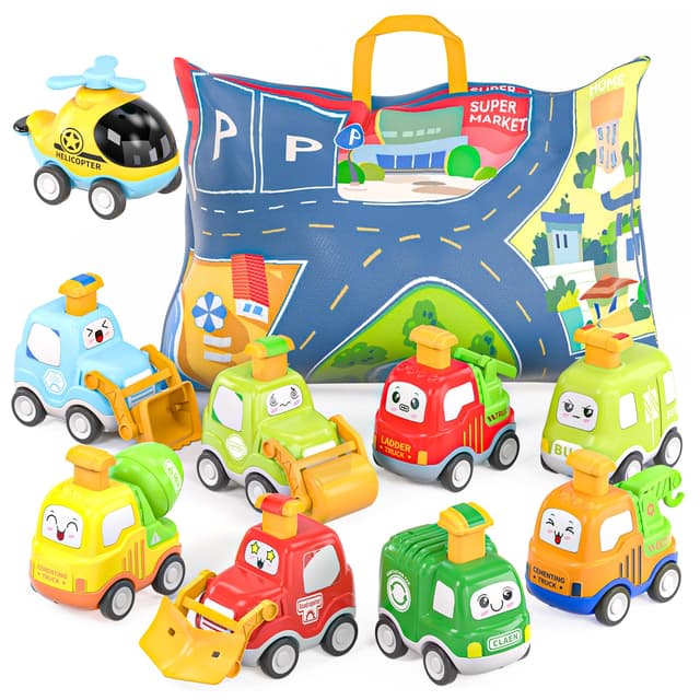 Spielzeugautos zum Zurückziehen für Kleinkinder, Autospielzeug für 1 jährige Jungen, 9 teiliges Autospielzeug, mit Spielmatten Aufbewahrung Spielzeugautos, Geschenke für 1 2 3 jährige Jungen Mädchen