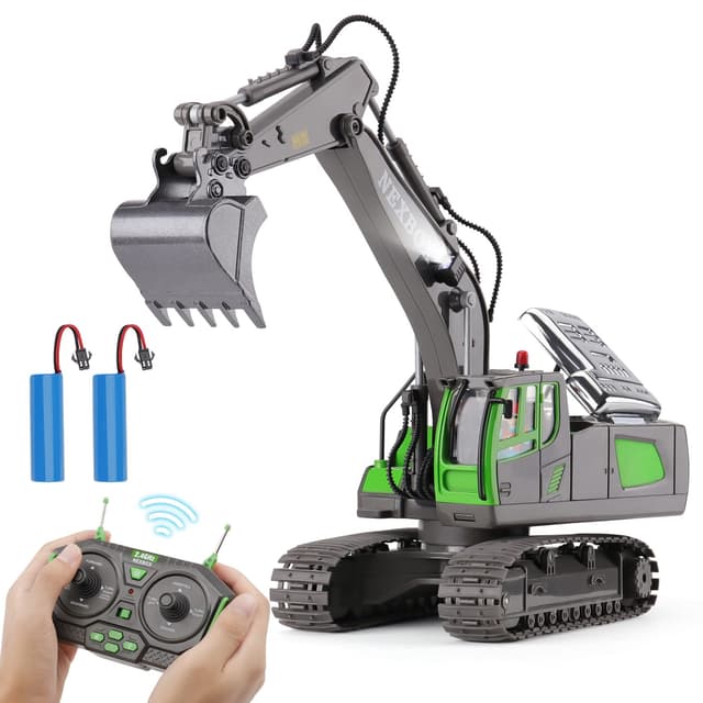 NEXBOX Ferngesteuerter Bagger Spielzeug für Kinder - RC Bagger mit Metall Schaufel, 680° Drehung, Licht und Soundeffekten, Weihnachten Geburtstag Geschenk Junge 6 7 8 9 10 11 12 Jahre grün