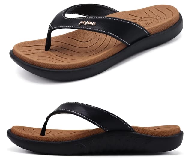 jiajiale Flip Flops Damen Mode Orthopädische Leder Stoff Leicht Zehentrenner Frauen Bequeme Yoga Fußbett Badelatschen Sommer Strand Rutschfest Feste Gummi Sohle 39 EU Khaki Schwarz