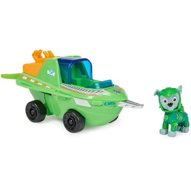 PAW Patrol, Aqua Pups - Basis Fahrzeug Spielzeugauto im Sägefisch-Design mit Rocky Welpenfigur, Spielzeug geeignet für Kinder ab 3 Jahren Mehrfarbig