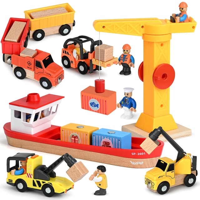 Vanplay Kran Spielzeug Baustellenfahrzeuge Kinder - Holz Baustelle Spielzeug ab 3 Jahre Junge mit Schiff, LKW Kranwagen Muldenkipper Anhänger & Gabelstapler Geschenk 3 4 5 Jahre Junge