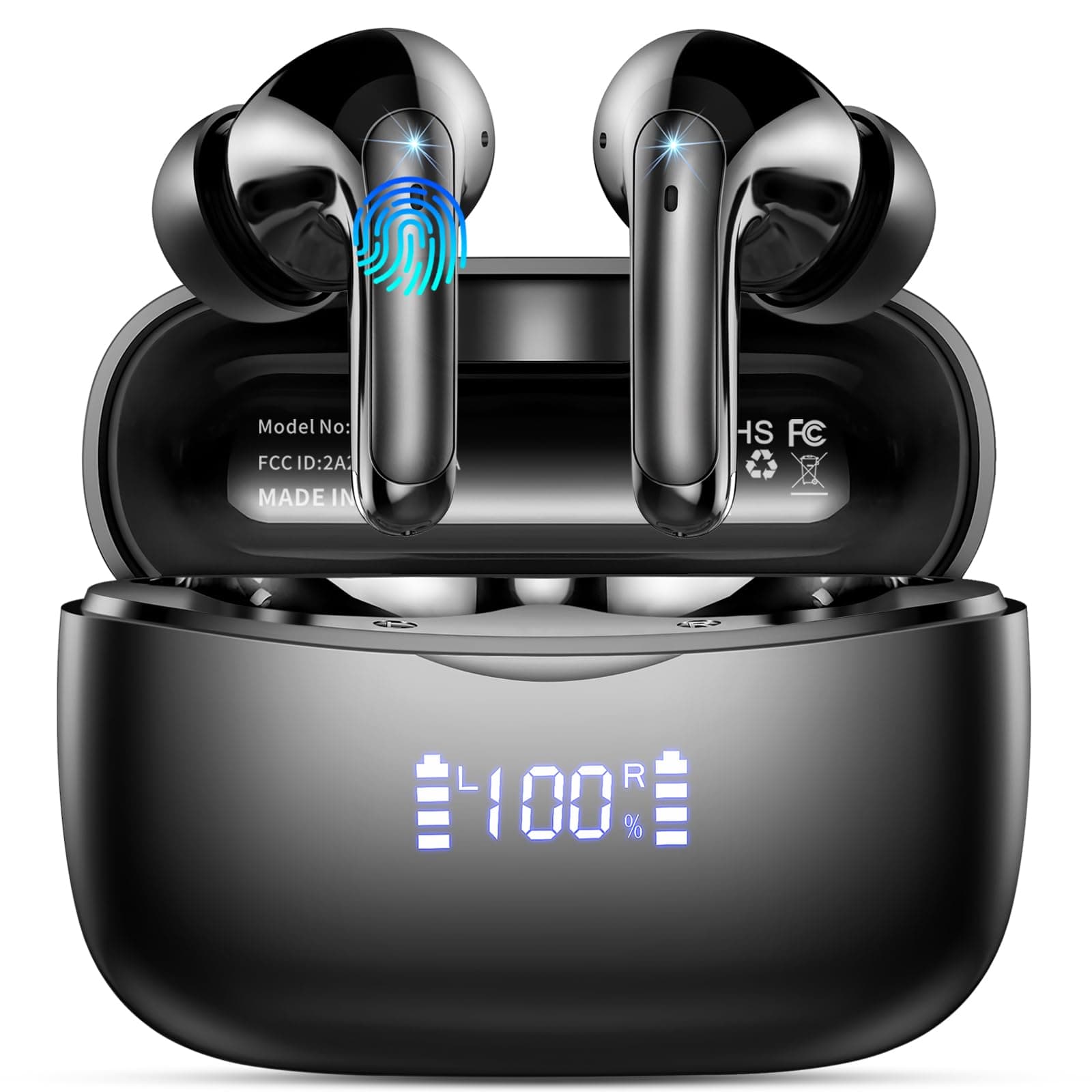 WeurGhy Bluetooth Kopfhörer, Kopfhörer Kabellos Bluetooth 5.3 in Ear Kopfhörer mit 4 ENC Noise Cancelling Mic, 56H HiFi Stereo Tiefbass Spielzeit, IP7 Wasserdicht Ohrhörer LED Anzeige, Kohlenschwarz