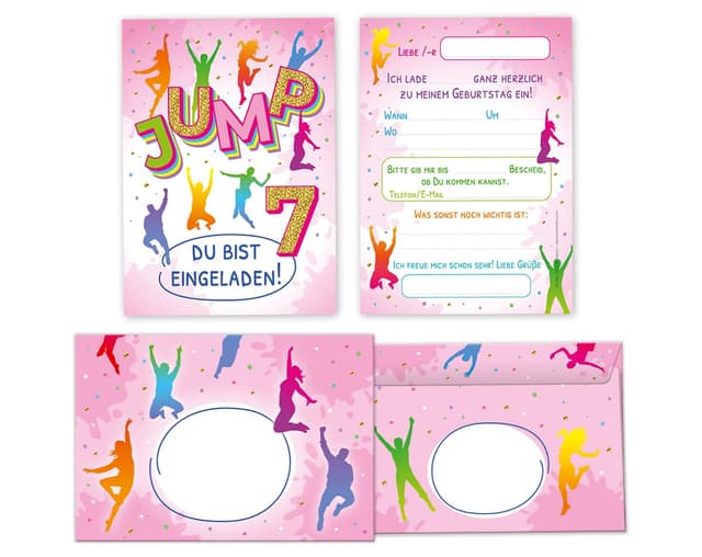 Minkocards 12 Einladungskarten incl. 12 Umschläge zum 7. Kindergeburtstag Mädchen Jump Trampolin Einladungen siebte Mädchengeburtstag Geburtstagseinladungen 12 Karten + 12 Umschläge