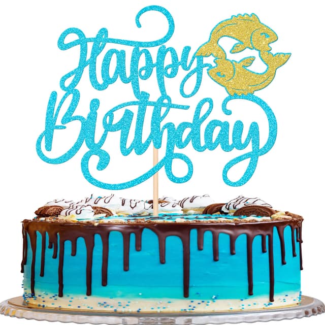 1 Stück Fische Tortendeko Glitter Happy Birthday Cake Topper 12 Sternbild Fische Kuchen Deko für Horoskop Astrologie Geburtstag Party Kuchen Dekoration Blau Gold Blau-fische